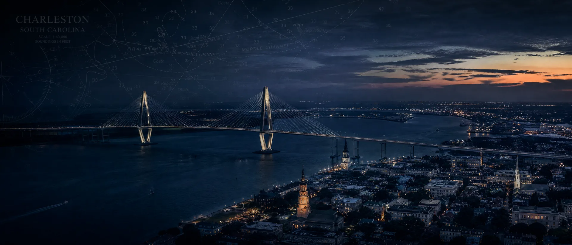 Aerial view of Charleston, SC harbor and the Ravenel Bridge at dusk