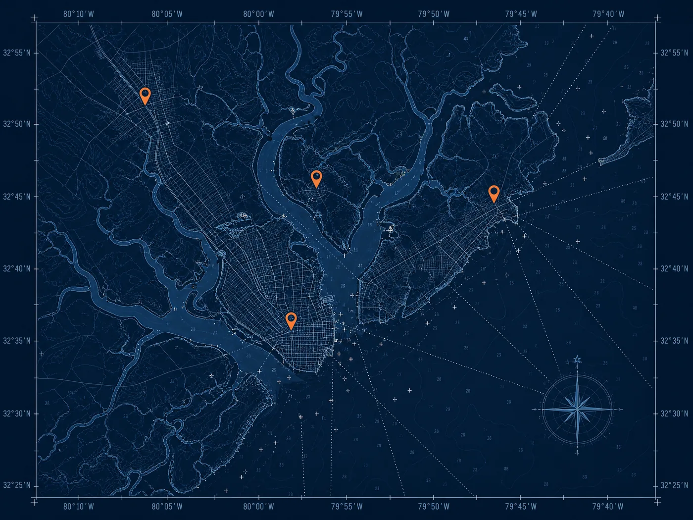 Nautical chart of Charleston, SC harbor with service area markers for Mount Pleasant, North Charleston, and Daniel Island